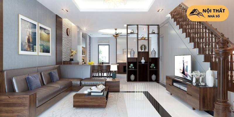 Phong cách thiết kế nội thất phòng khách chất liệu gỗ