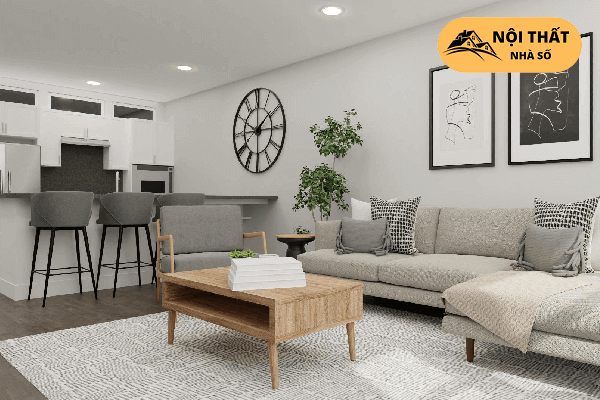 Phòng khách được thiết kế nhẹ nhàng với phong cách tối giản