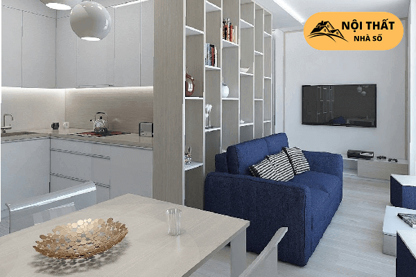 Ngăn cách khu vực bếp bằng chiếc kệ giúp không gian trở nên đẹp mắt hơn