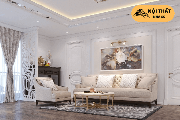 Mẫu thiết kế phòng khách được sử dụng tone màu trắng xám làm chủ đạo