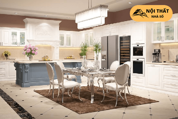 Phòng bếp được thiết kế rộng rãi và cầu kỳ giúp lộng lẫy không khác gì một cung điện thu nhỏ