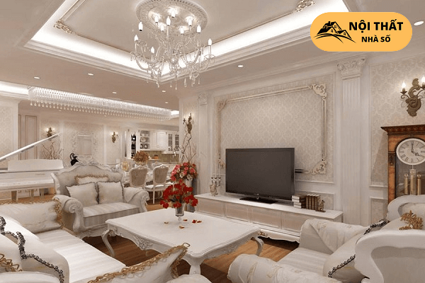 Phòng khách được thiết kế hệ thống chiếu sáng hiện đại nhưng lại rất cổ điển