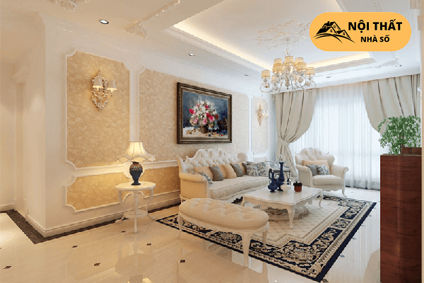 Mẫu thiết kế phòng khách được trang trí bằng họa tiết trên tường nổi bật sự cổ điển
