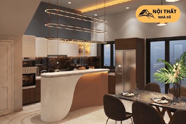 Phong cách Luxury phòng bếp nổi bật với quầy bếp cùng đèn chùm được thiết kế tinh xảo
