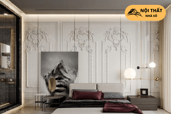 Không gian phòng ngủ Tân cổ điển được làm họa tiết chỉ tường