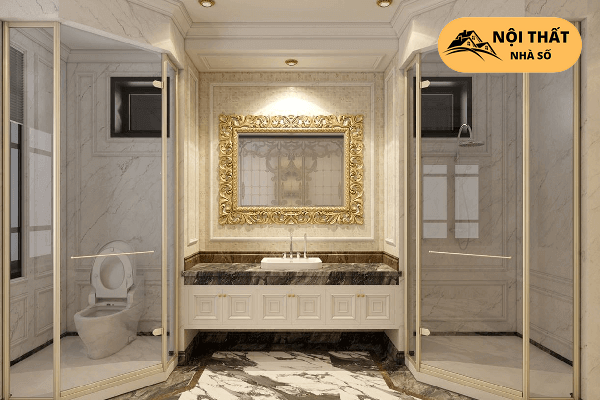 Phòng vệ sinh Tân cổ điển được làm ngăn cách bởi các cabin kính