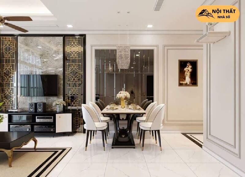 Thiết kế phòng ăn chung cư Tân Cổ Điển với phần ánh sáng được lấy trực tiếp từ bên ngoài