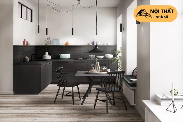 Thiết kế chọn màu tủ bếp chữ L kết hợp bộ bàn ăn tông xoẹt tông