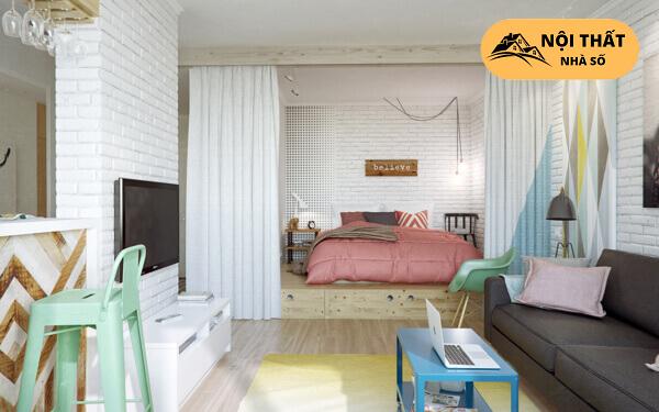 Phòng ngủ giường màu hồng làm nổi bật thiết kế thêm kèm ngăn cách 2 khu vực khi khách đến thăm nhà