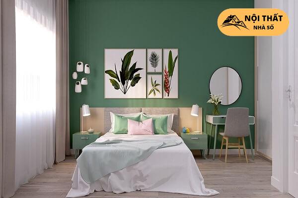 Phòng ngủ được theo phông màu xanh lá cây tưới mát