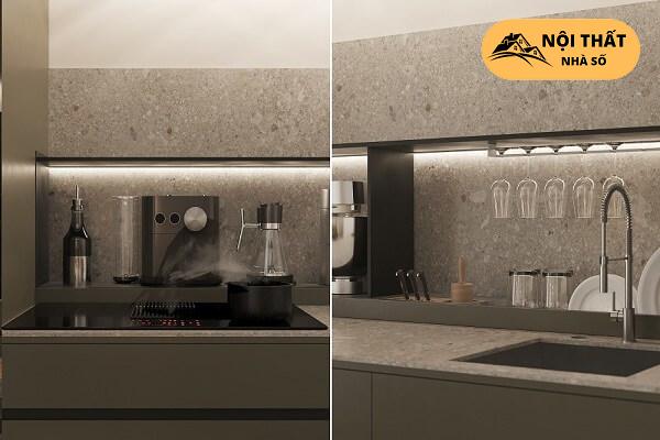 Khu vực bếp được thiết lập đầy đủ đồ dùng tiện nghi