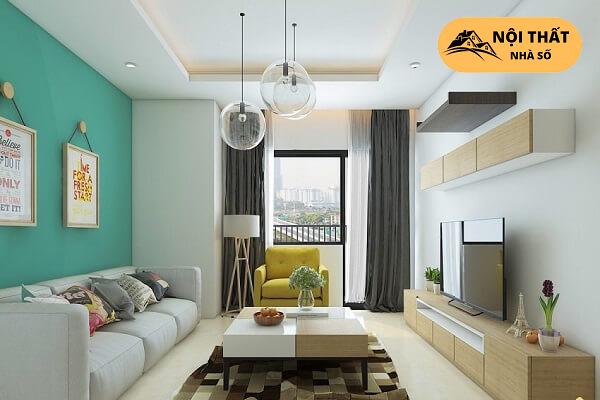 Phòng khách này được sử dụng màu gỗ để tôn lên các màu sắc còn lại