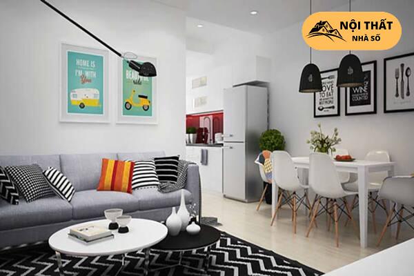 Thiết kế nội thất kết hợp giữa phòng khách và phòng bếp giúp tiết kiệm diện tích