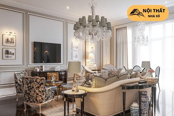 Điểm nhấn cả căn phòng là ghế sofa với những đường nét hoa văn tinh xảo