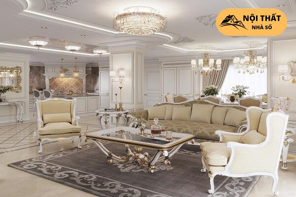 Điểm nhấn của căn phòng là bộ ghế Sofa lắp thêm đèn trần đẳng cấp
