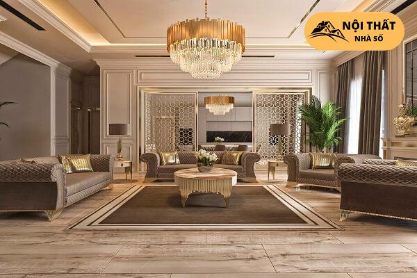 Phong cách thiết kế nội thất cổ điển trong hình sử dụng ánh sáng vàng ấm kiến tạo không gian sang trọng