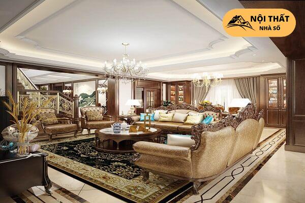 Thảm trải sàn họa tiết đặc biệt là chiếc đèn chùm lộng lẫy làm điểm nhấn, nội thất không thể thiếu trong những công trình mang phong cách tân cổ điển.