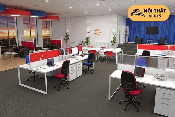 Mẫu thiết kế văn phòng mở có chút đột phá pha màu đỏ làm điểm nhấn