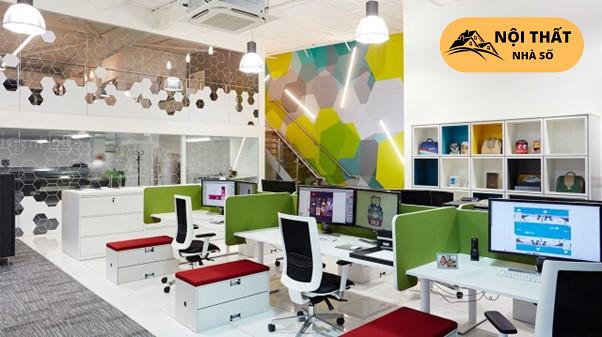 Mô hình văn phòng thiết kế không gian mở tạo điểm nhấn với màu sắc