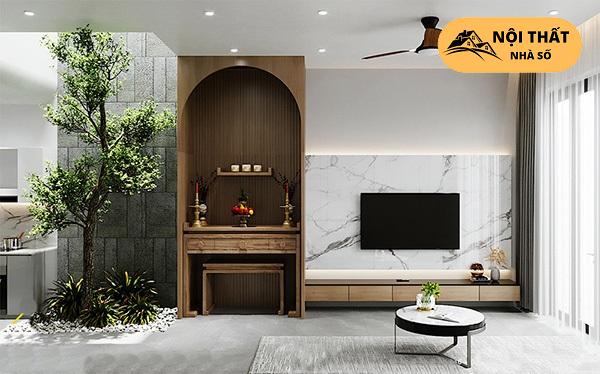 Mẫu phòng thờ tích hợp phòng khách theo phong cách thiết kế hiện đại