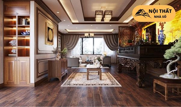 Mẫu phòng thờ kết hợp phòng khách thiết kế theo truyền thống Việt Nam