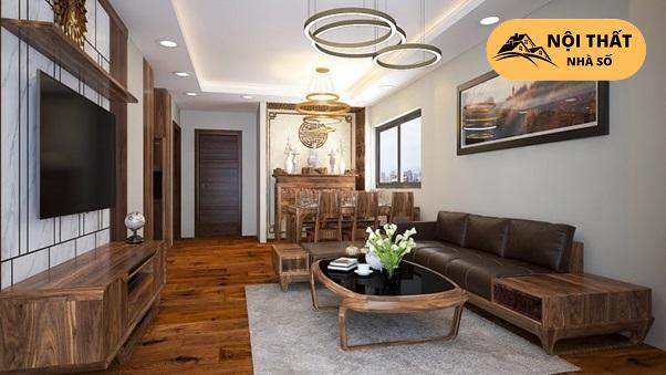 Mẫu phòng thờ sử dụng gỗ tự nhiên tích hợp chung phòng khách