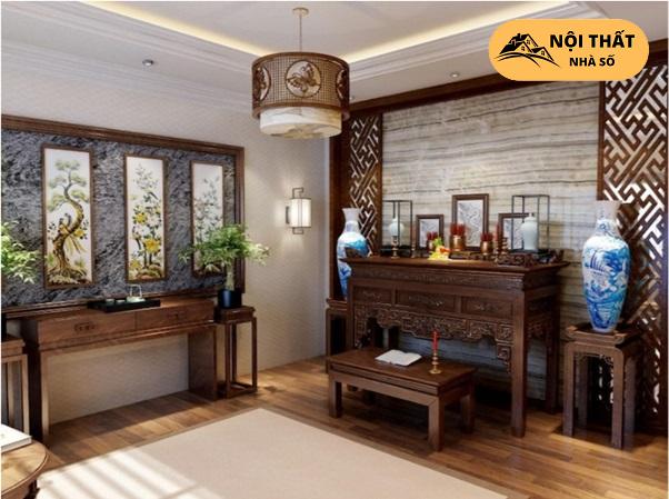 Thiết kế bàn thờ có vách ngăn khu vực riêng ở phòng khách