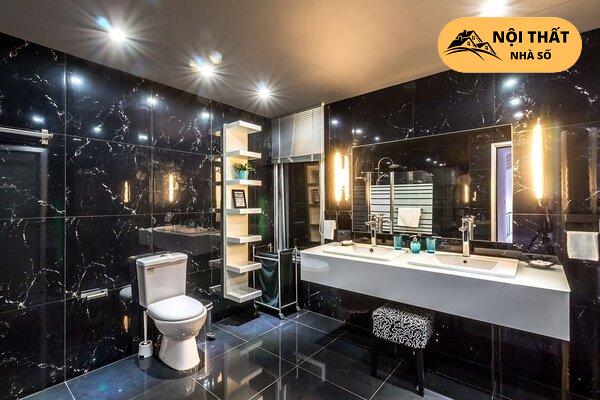 Thiết kế nội thất cho phòng tắm với gam màu đen chủ đạo vô cùng sang trọng, hiện đại và sạch sẽ cho gia đình