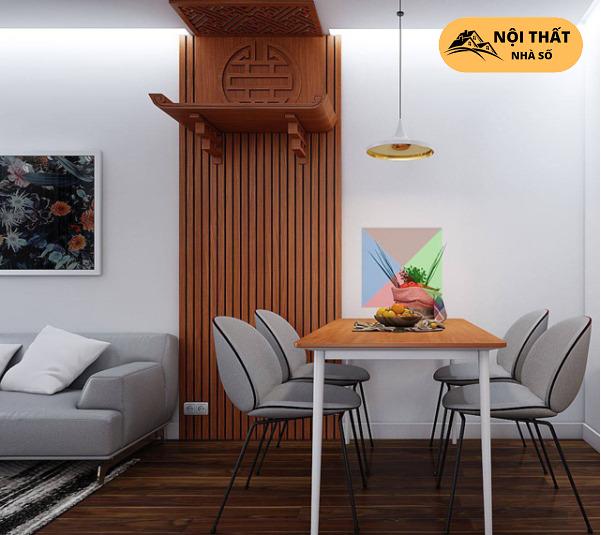 Khoảng giữa phòng khách và phòng bếp chung cư luôn là vị trí thích hợp đặt bàn thờ