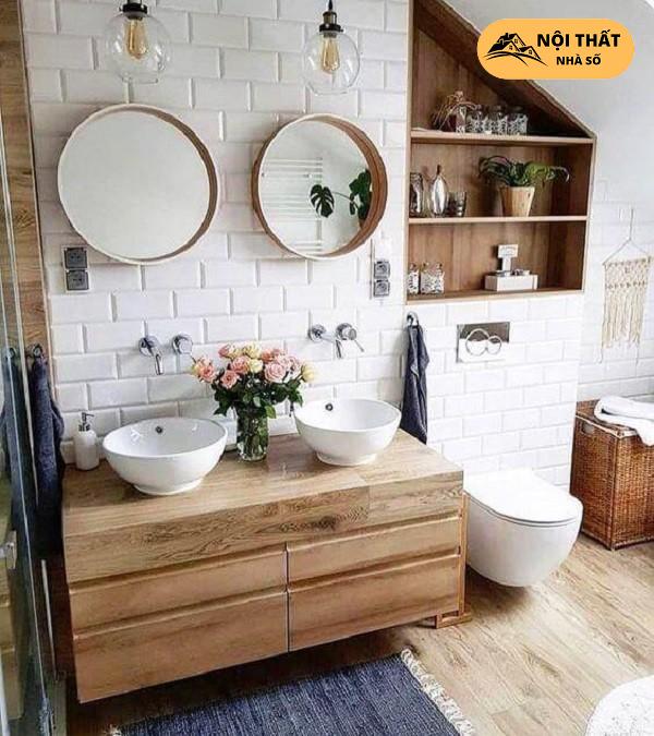 Mẫu nhà vệ sinh sử dụng bồn rửa bằng gỗ trong phong cách Coastal