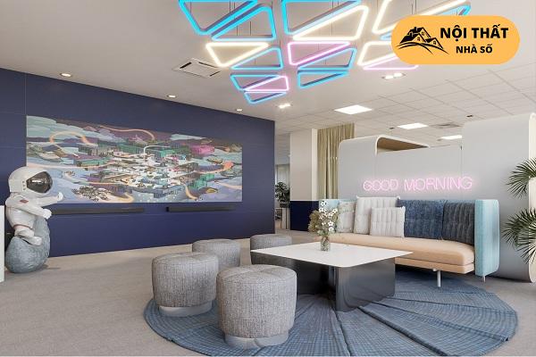 Không gian tiếp khách kích thích thị giác với sự kết hợp của đa dạng giữa đèn chùm đèn led và gam màu pastel