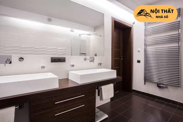 Mẫu nhà vệ sinh với bồn rửa vân gỗ