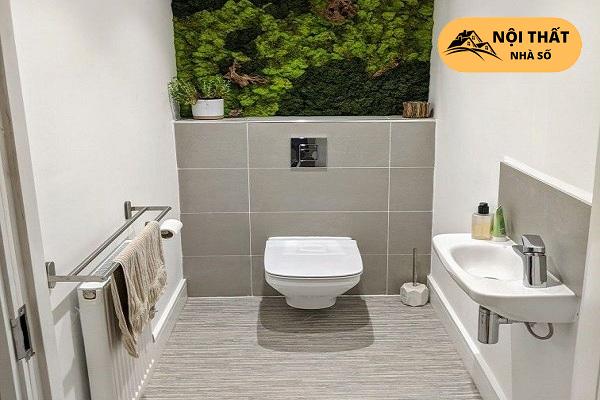 Mẫu 1: Tận dụng thêm không gian trên để đồ và cây xanh để thanh lọc không khí trong nhà vệ sinh
