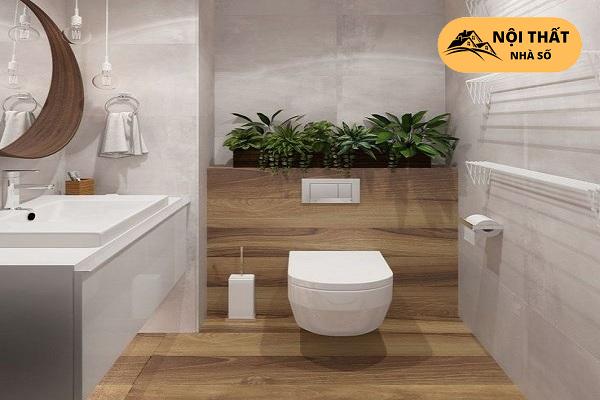 Mẫu 2: mẫu thiết kế này dùng gạch nền giống gỗ thêm phần mộc mạc kèm thêm cây xanh