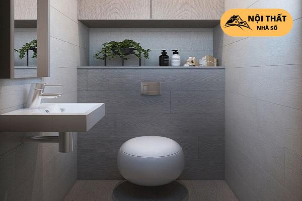 Mẫu 6: Bồn cầu hình trứng kết hợp thêm với chậu lavabo được treo tường siêu nhỏ rất phù hợp với thiết kế nhà vệ sinh 1m2