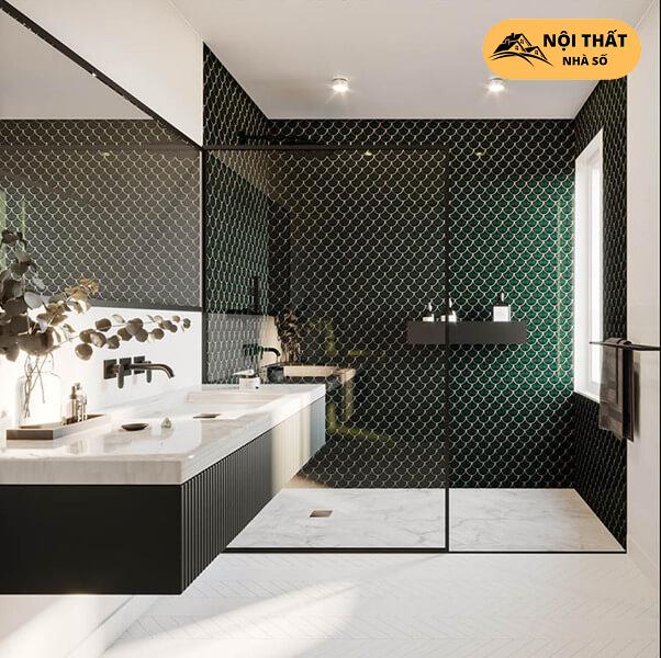 Tông xanh lá cùng với bồn rửa mặt treo cũng được thường thấy trong lối thiết kế nhà tắm sang trọng