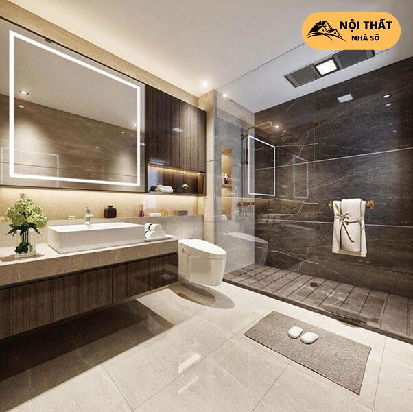 Nhà tắm cao cấp với vân gỗ của biệt thự